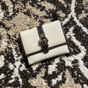 COACH Leather Beige Card Holder-Brown Trim & Interior w/ Silver Buckle Hardware